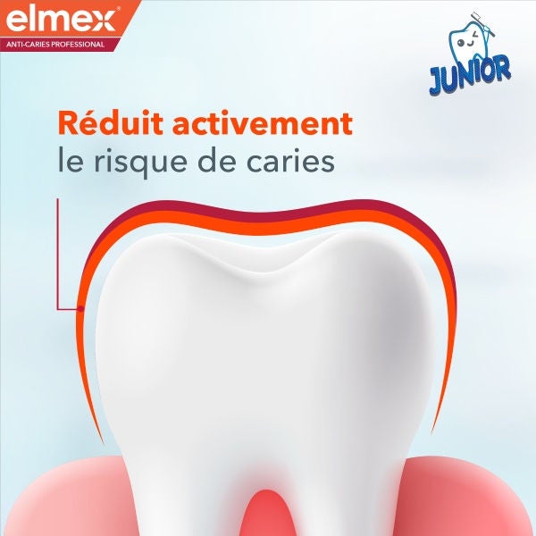 Gros plan d'une dent saine entourée d'une couche protectrice rouge dégradée soulignant la réduction des caries