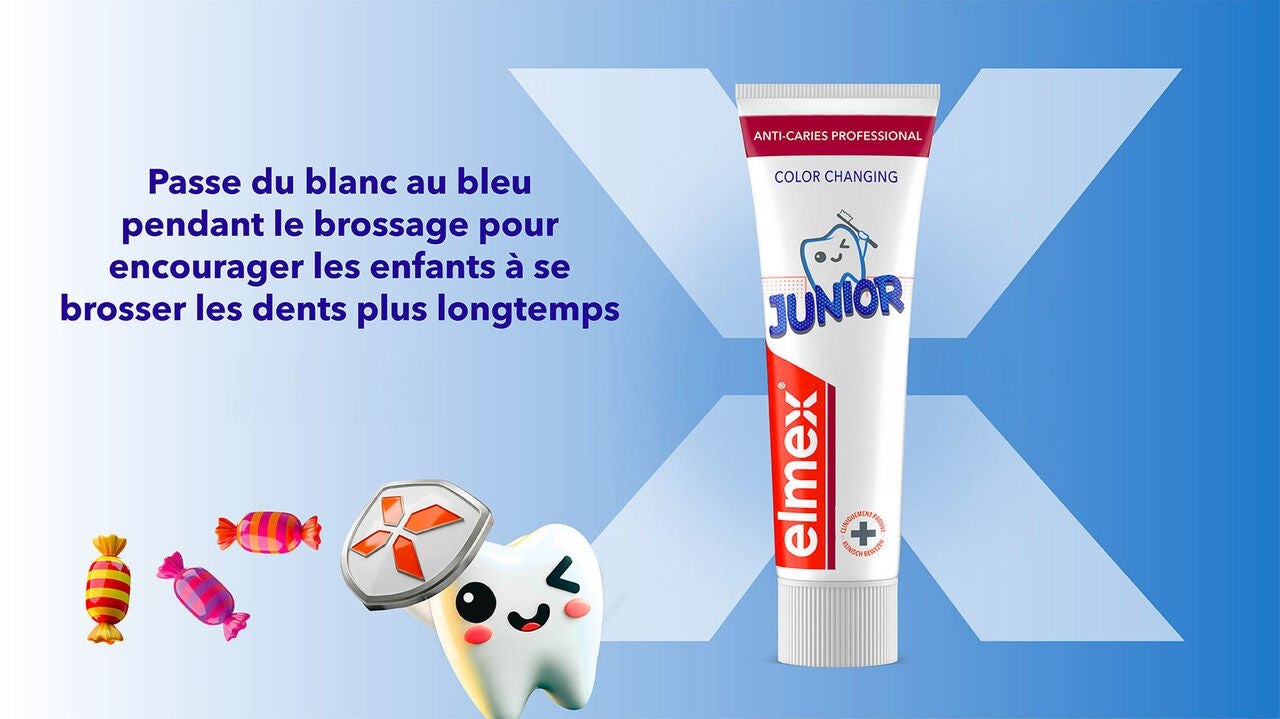 Dentifrice Elmex Junior changeant de couleur pour enfants, protégeant contre les caries face aux sucreries.
