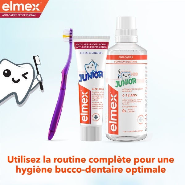 Présentation de la routine complète elmex Junior comprenant une brosse à dents, un dentifrice et un bain de bouche